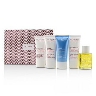 CLARINS FRENCH BEAUTY BOX: 1X CLEANSER 30ML, 1X HYDRAQUENCH CREAM 30ML, 1X BEAUTY FLASH BALM 30ML, 1X BODY TREATMENT OIL, 1X B/L  5PCS